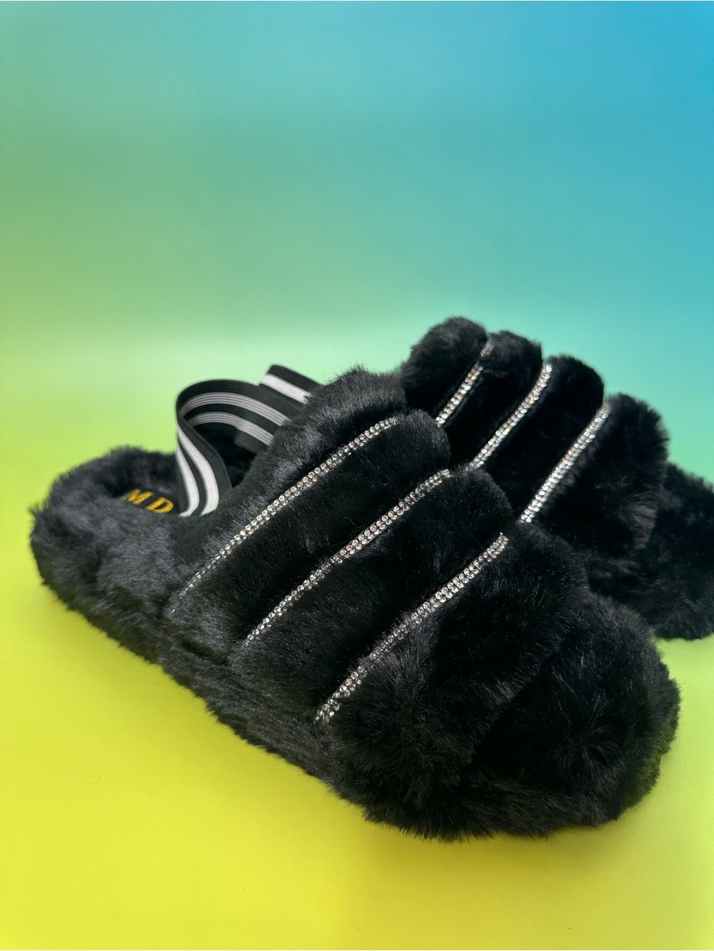MDT Black Furry Slide Sandals with Rhinestone Straps